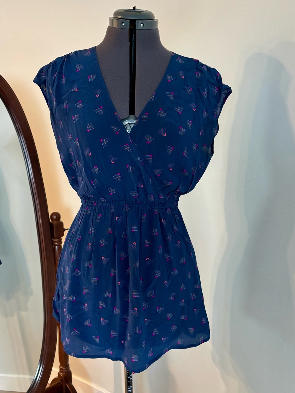 Silk Navy Cap-Sleeve Blouse with Pink Accents